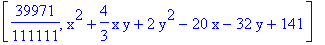 [39971/111111, x^2+4/3*x*y+2*y^2-20*x-32*y+141]